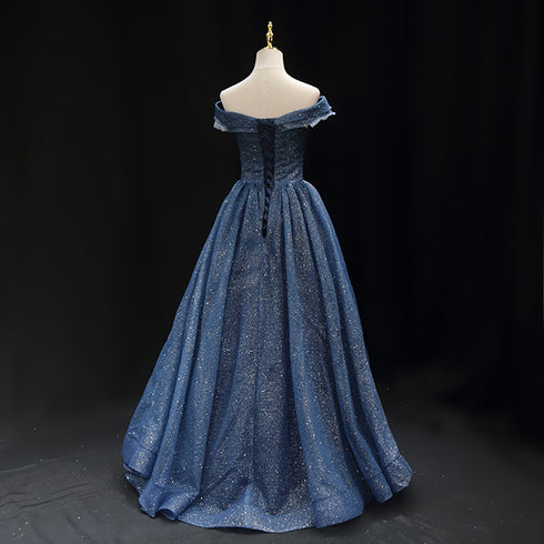 Gothic Royal Blue Tulle Ball Gown Wedding Dress - Off-Shoulder Wedding Dress - Corset Back Dress - Strapless Glitter Dress Plus Size
